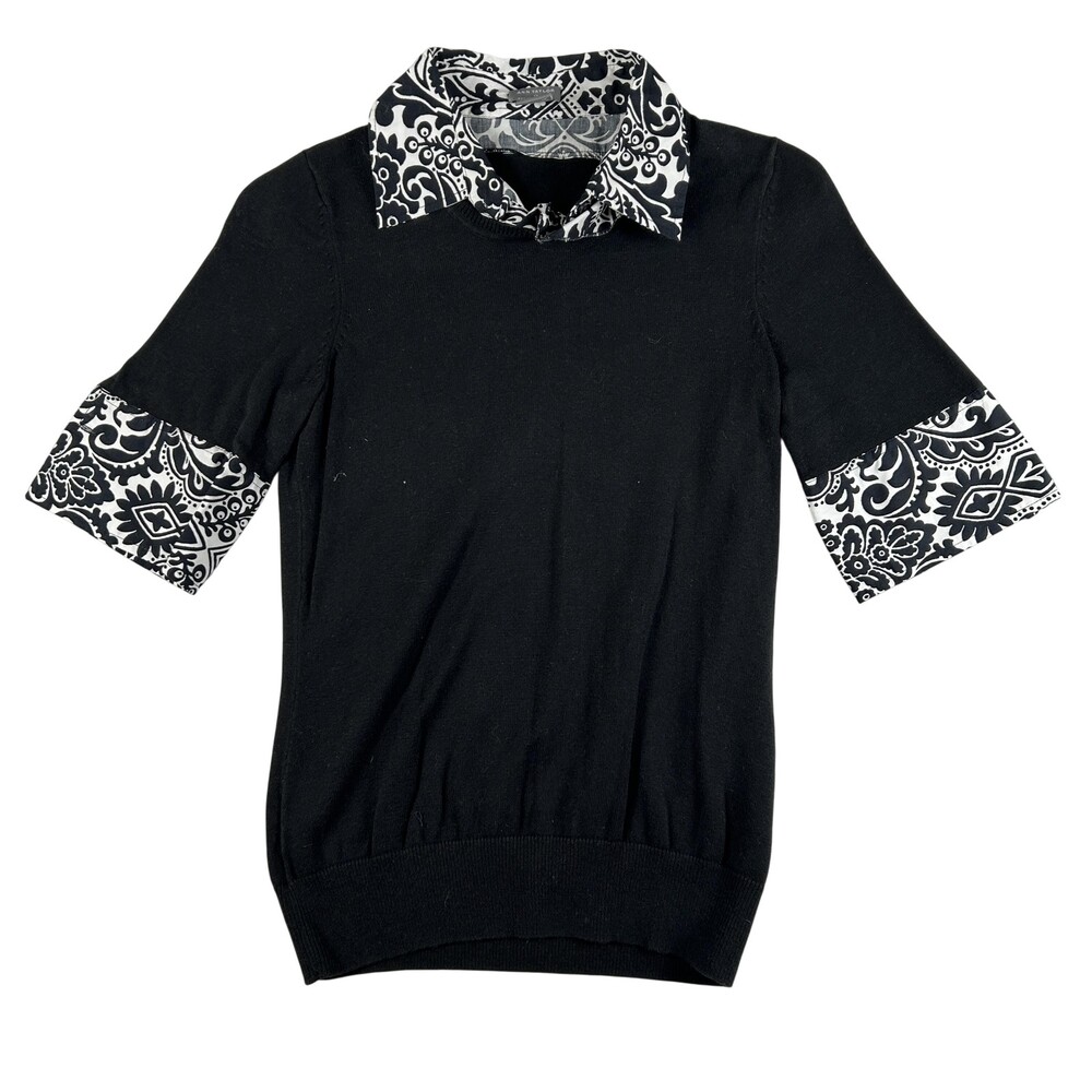 Ann Taylor Sweater Womens XS Black Paisley Collar Cuff Short Sleeve Knit Top